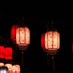 Glowing red Chinese lanterns at night festival
